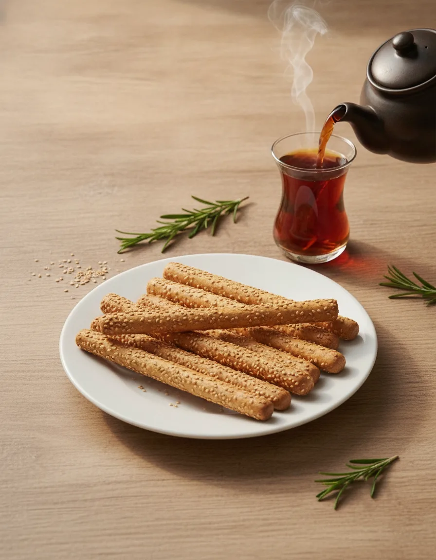 Susamlı Galeta sofrada demlikten dökülen çay ve ince belli bardak eşliğinde